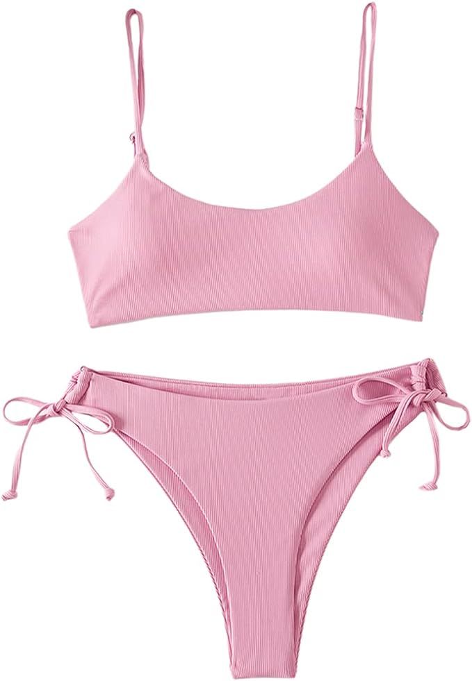 FEAPHY Women's Ribbed Scoop Neck Spaghetti Strap Tie Side Cami Bikini Set Swimwear | Amazon (US)