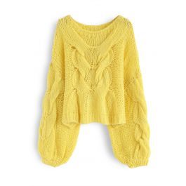 Hand-Knit Puff Sleeves Sweater in Yellow | Chicwish