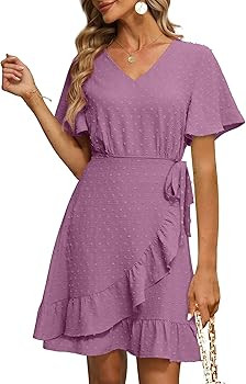 NIASHOT Summer Dresses for Women Wrap V Neck Swiss Dot Ruffle Mini Dress | Amazon (US)