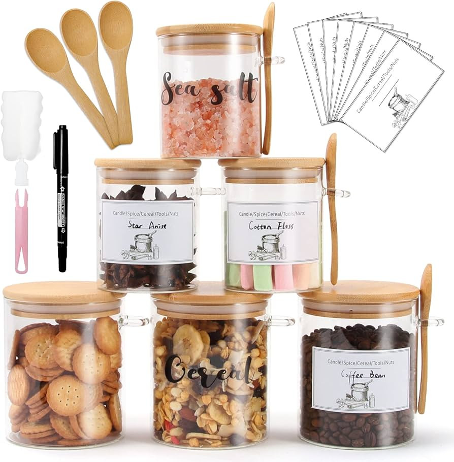 6pcs 26oz/16oz Glass Food Storage Containers with Lids Airtight, Spice Jars with Label & Bamboo L... | Amazon (US)