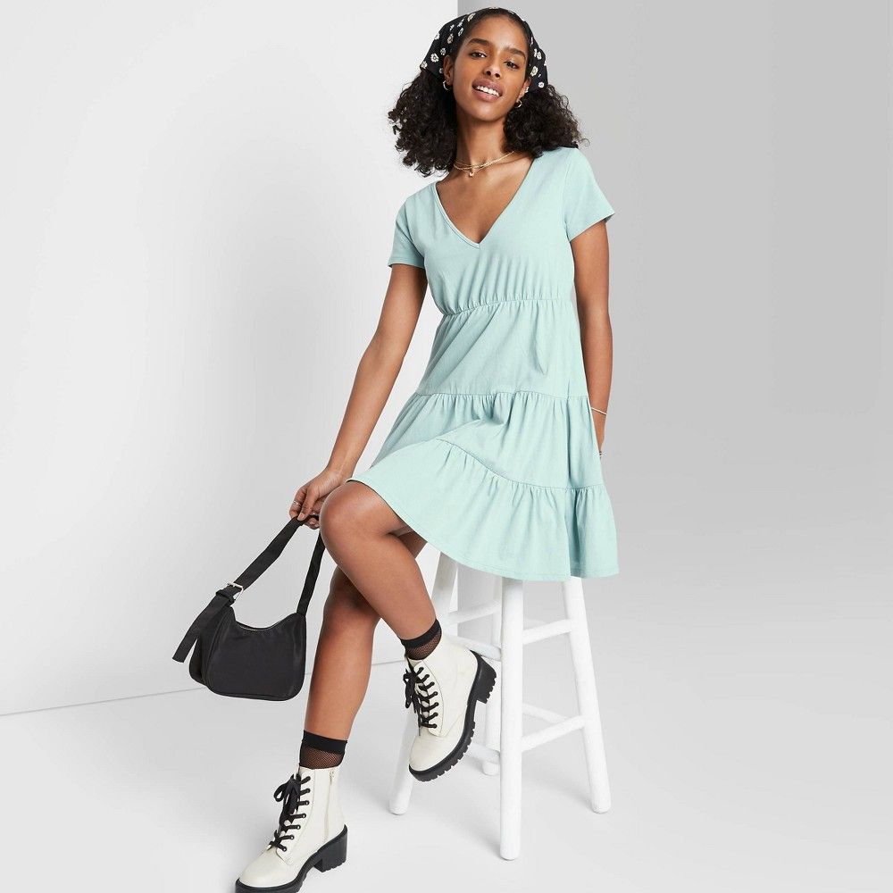 Women's Short Sleeve Tiered Knit Babydoll Dress - Wild Fable Sage XS | Target