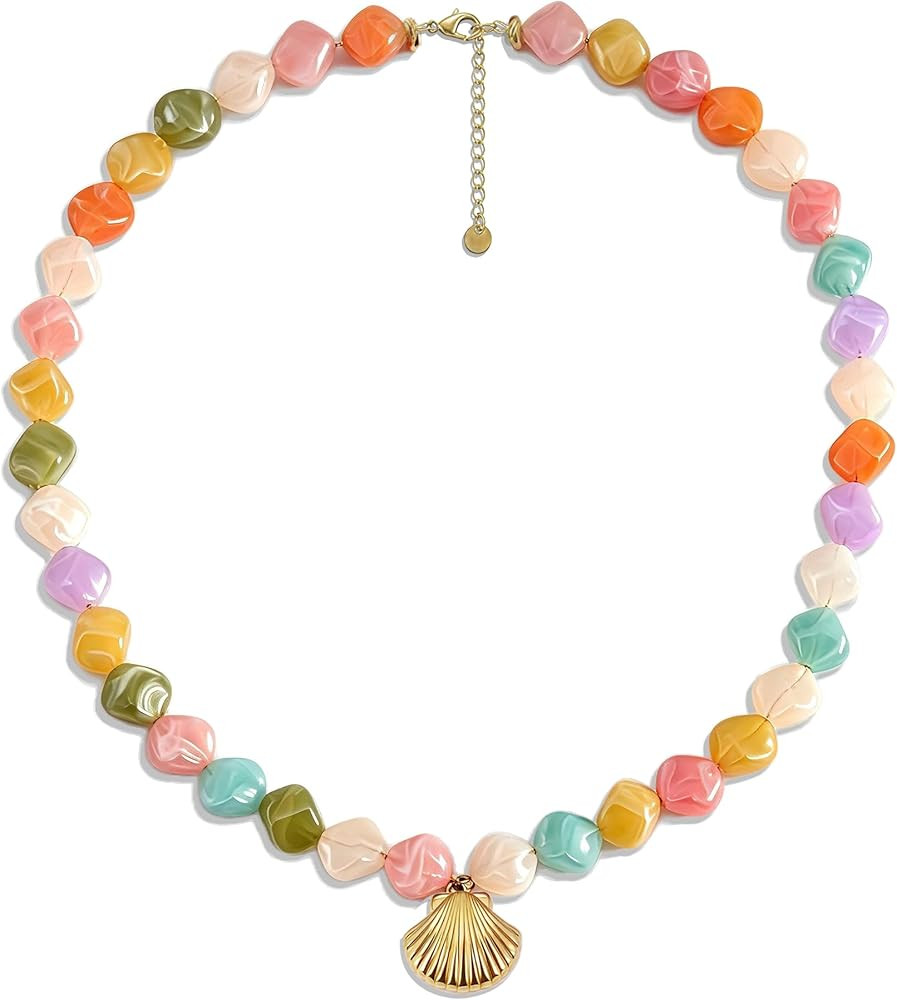 Chunky Beaded Choker Necklace for Women Colorful Resin Beads Necklaces with Seashell Pendant Boho... | Amazon (US)