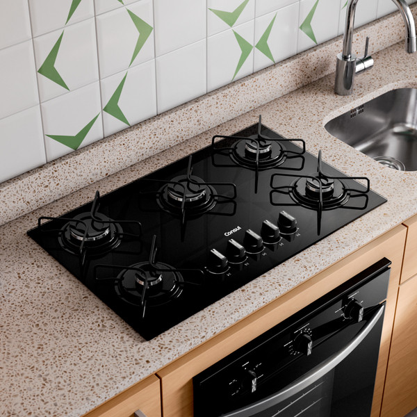 Cooktop 5 Bocas a Gás com Chama Suave Automático Vidro Preto Bivolt CD075BEUNA Consul | Black F... | Leroy Merlin BR