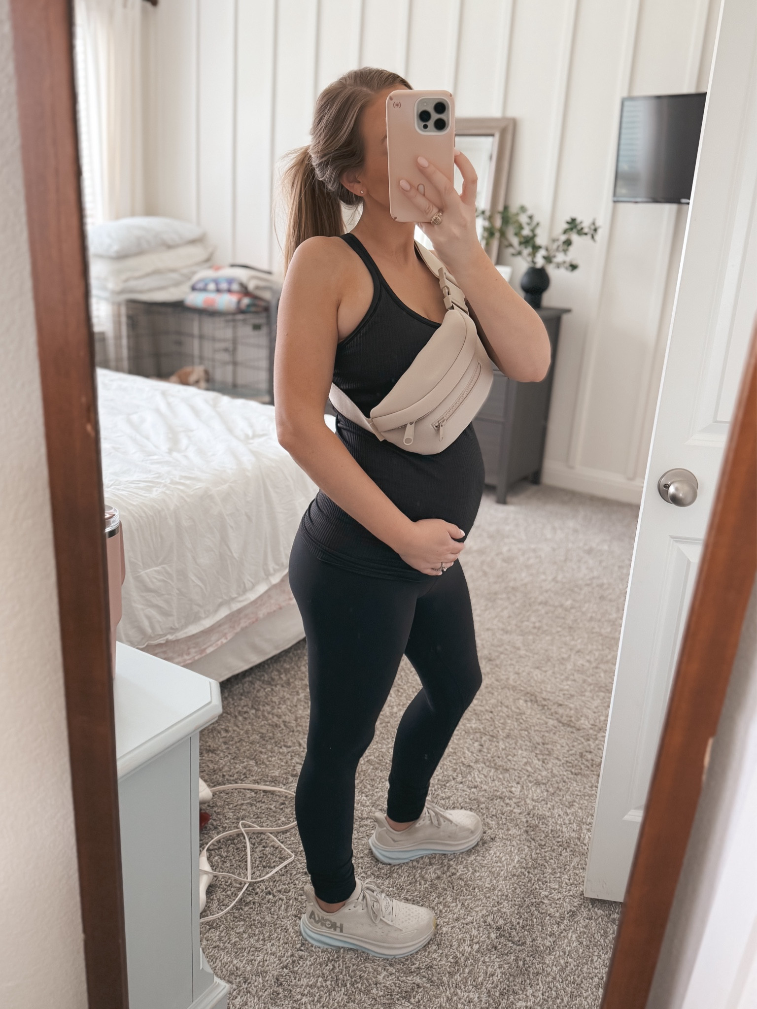 All black for the gym today 🖤 fit pregnancy / Dagne Dover bum bag / belt bag / hokas / summer maternity outfits / pregnant gym outfits / active pregnancy / fit mom 

#LTKBump #LTKActive #LTKFitness