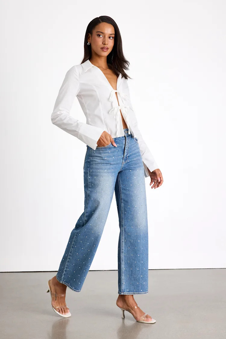 Helska Medium Wash Rhinestone High-Rise Straight Leg Jeans | Lulus