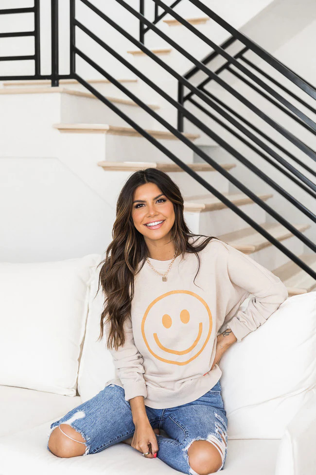 Smiley Face Light Tan Graphic Sweatshirt | Pink Lily