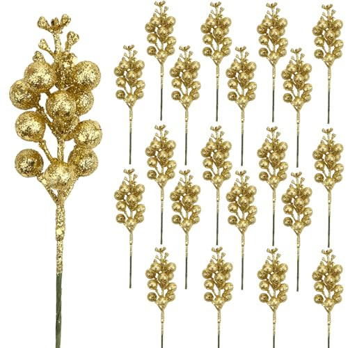 DIYASY Glitter Gold Berry Stems,20 Pcs 7.8 Inch Artificial Christmas Tree Picks Decoration and Christmas Tree Filler Ornaments,DIY Xmas Wreath, Holiday and Home Décor | Amazon (US)