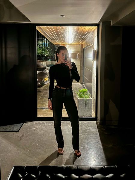 Date night outfit, dinner outfit, Abercrombie & Fitch, black jeans, straight leg jeans, black bodysuit, backless bodysuit, ASOS, Mango, tan heels, tan belt, night out outfit 

#LTKfindsunder100 #LTKeurope #LTKstyletip