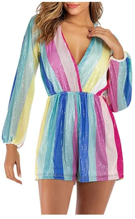 Women V Neck Lantern Sleeve Multicolor Striped Sequin Short Rompers Jumpsuits | Amazon (US)