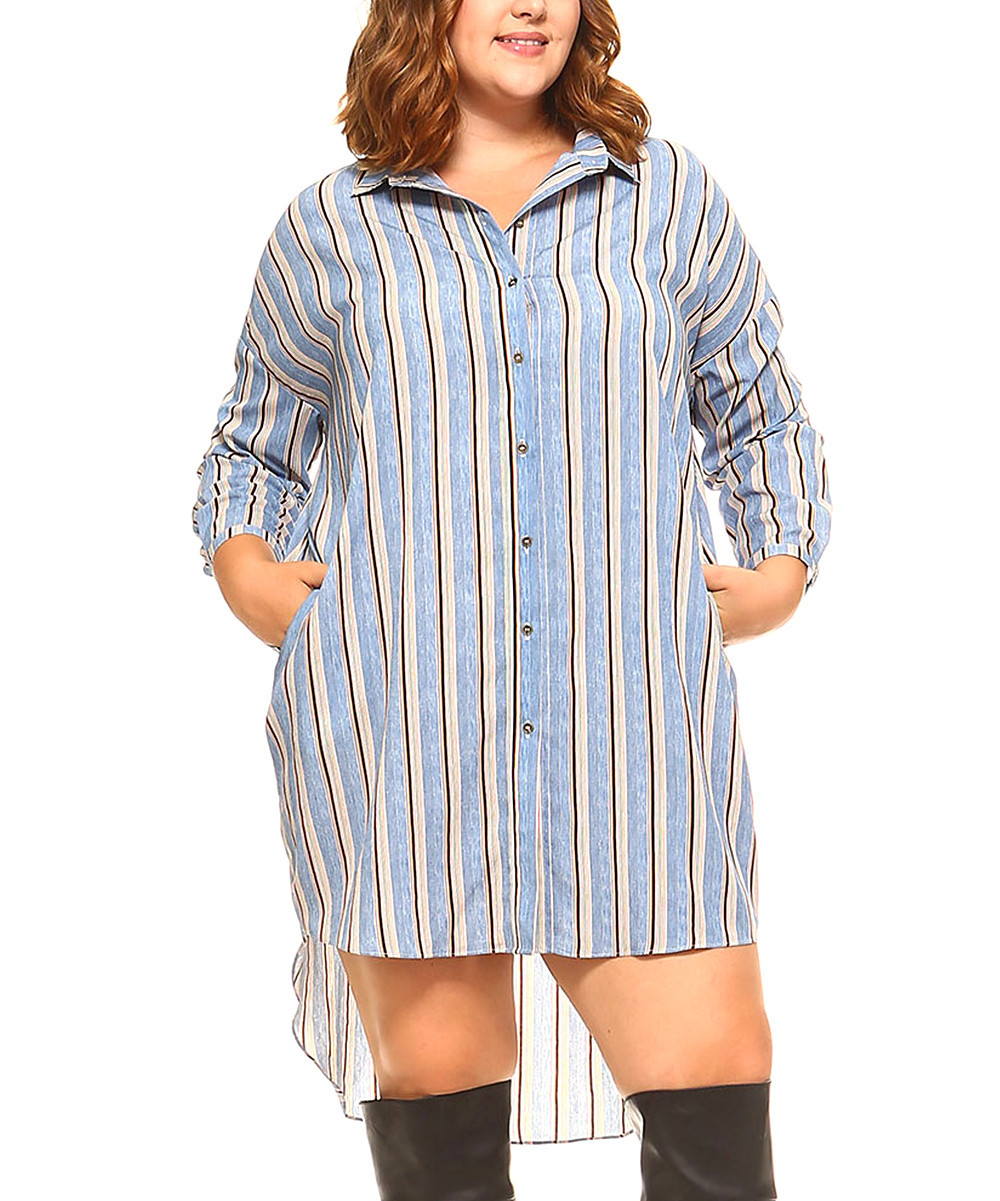 Frumos Women's Tunics Denim - Denim Stripe Button-Up Hi-Low Shirt Dress - Women | Zulily
