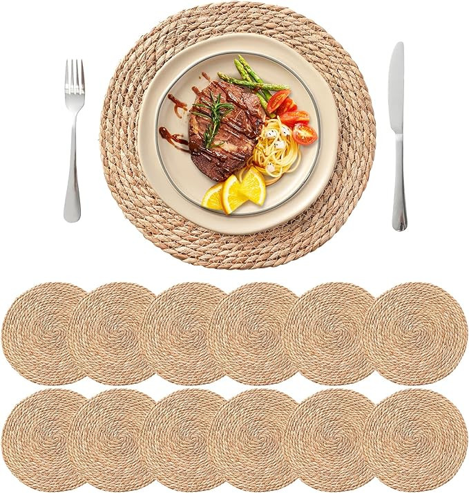 13.5'' Round Woven Placemats Set of 12, Boho Rattan Chargers for Dinner Plates, Rustic Wicker Pla... | Amazon (US)