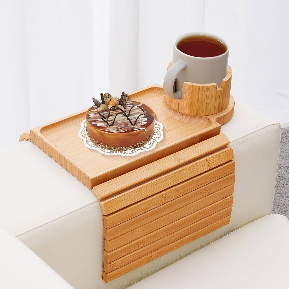 Couch Cup Holder Tray, 3 in 1 Couch Arm Table,Large Bamboo Sofa Arm Rest Tray with 360° Cup Hold... | Amazon (US)