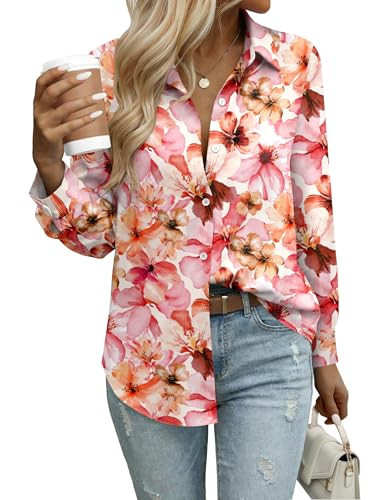 Zeagoo Womens Shirts Button Up Floral Collared Long Sleeve Blouse Fashion Dressy Casual Chiffon Tops Pink Printed XL | Amazon (US)