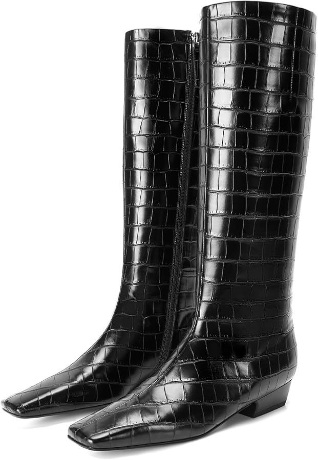 Knee High Boots for Women Kitten Low Block Heel Wide Calf Square Toe Crocodile Boots Flat Tall Bo... | Amazon (US)