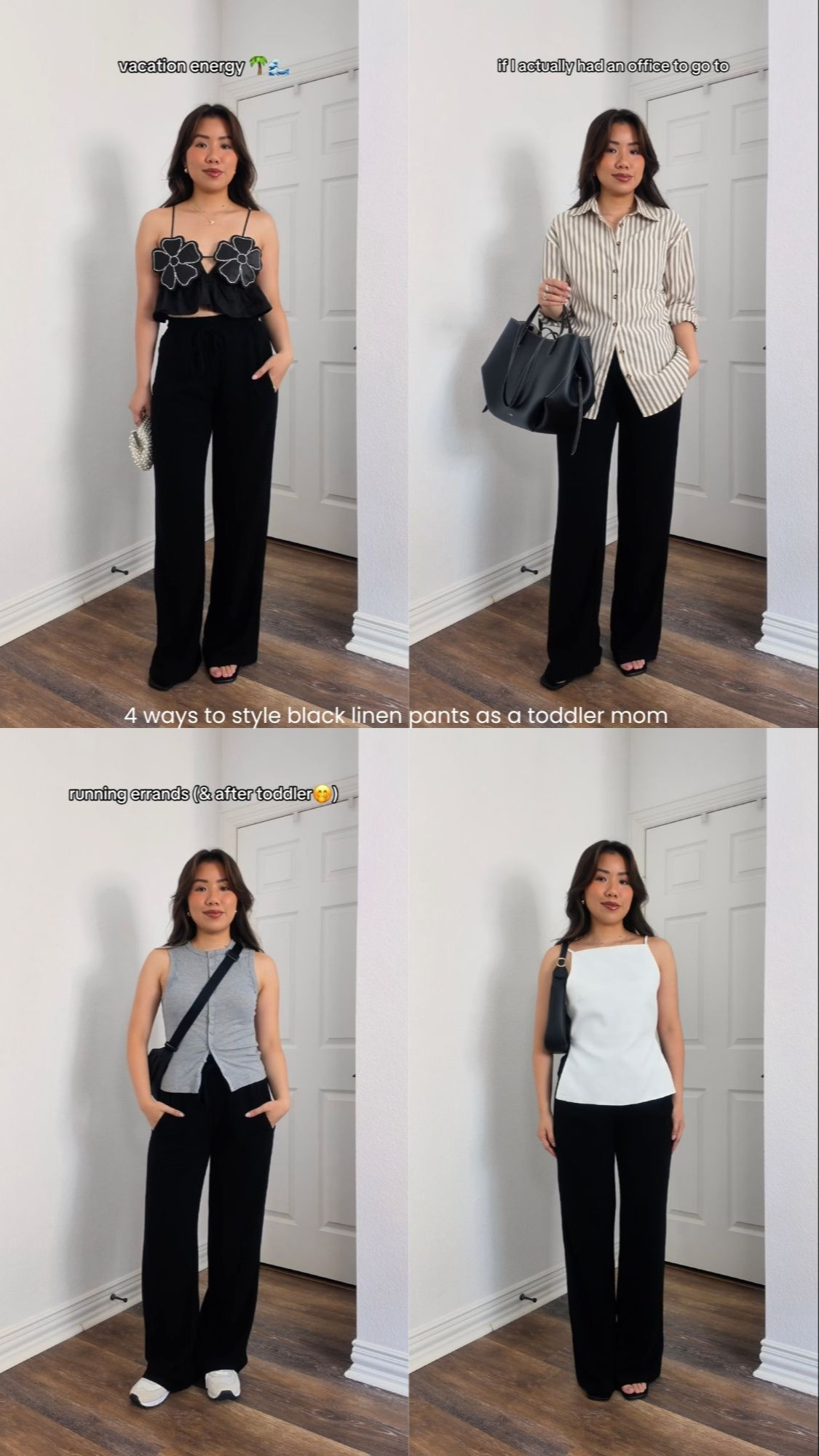 4 chic ways to style black linen pants for mom life. Wearing everything in size Small, shoes size 6.5. They all fit TTS  

 #LTKPetite #LTKFindsUnder50 #LTKStyleTip