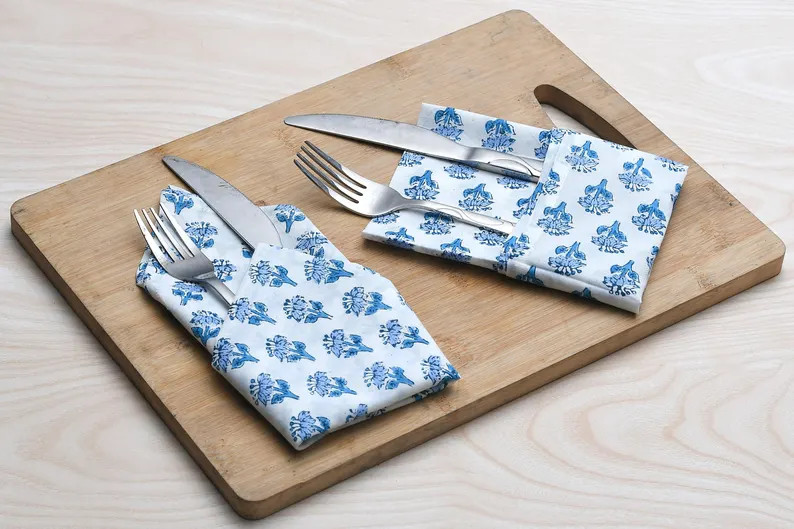 Apatite Blue Indian Block Print Napkins, Floral Cotton Dinning Table Daily Use Napkins, Farmhouse... | Etsy (Global)