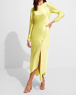 Conscious Edit Satin Long Sleeve Asymmetrical Hem Maxi Dress | Express