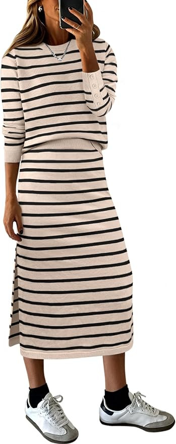 Women 2 Piece Outfits Striped Sweater Skirt Sets Fall Casual Long Sleeve Pullover Top Lounge Trav... | Amazon (US)