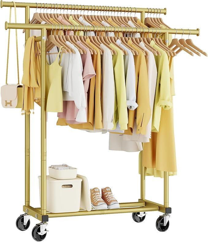 Double Rods Clothes Rack, Sturdy Rolling Clothing Rack, Portable Clothing Racks for Hanging Cloth... | Amazon (US)