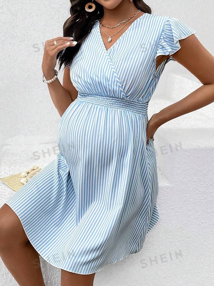 NewSHEIN Maternity Striped Short Flying Sleeve Dress With Tie Waist | SHEIN