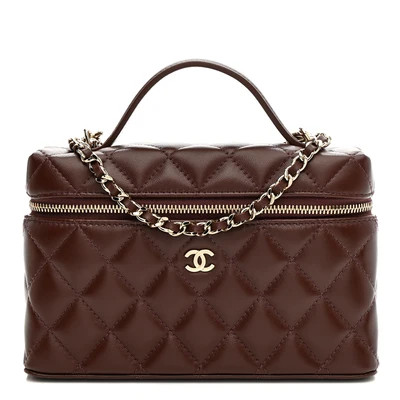 Lambskin Quilted Top Handle Slim Vanity With Chain Dark Brown | FASHIONPHILE (US)