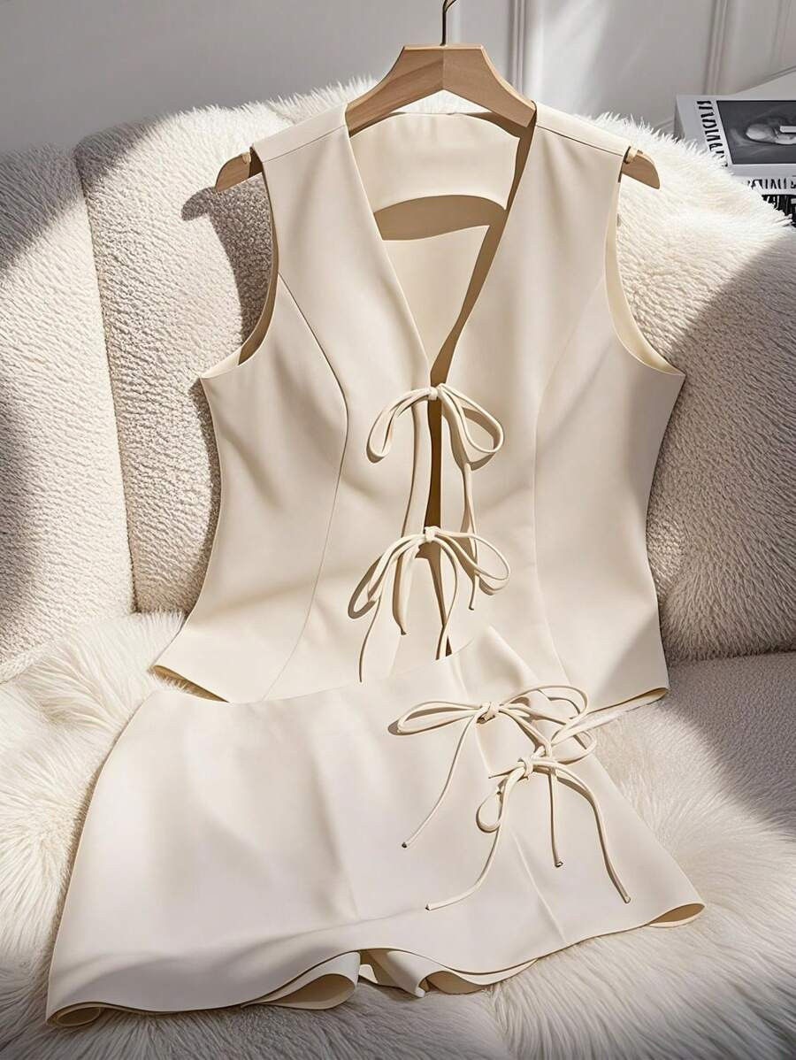 Chiquease 2pcs Women Summer Casual/Office Solid Color Tie Strap Vest And Skirt Set | SHEIN