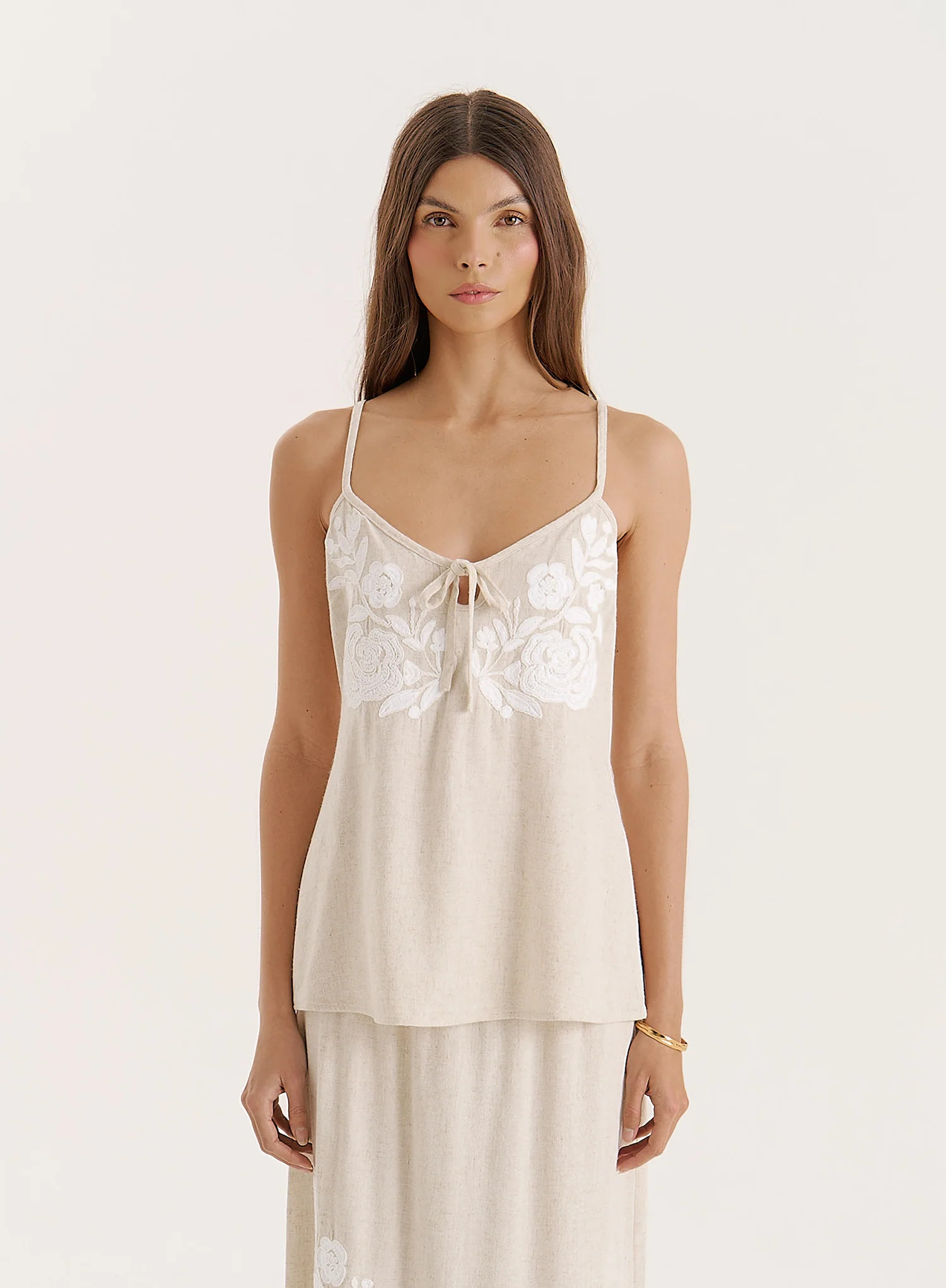Beige Linen Blend Flower Detail Top- Dori | 4th & Reckless