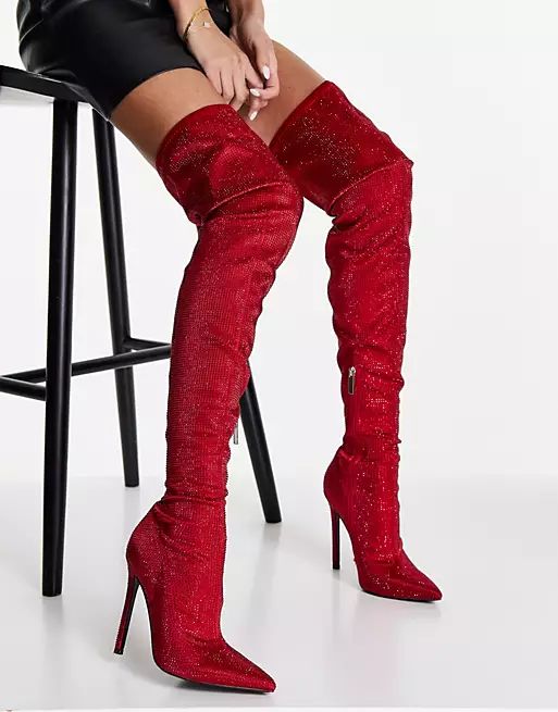 ASOS DESIGN Kamila embellished over the knee boots in red | ASOS (Global)