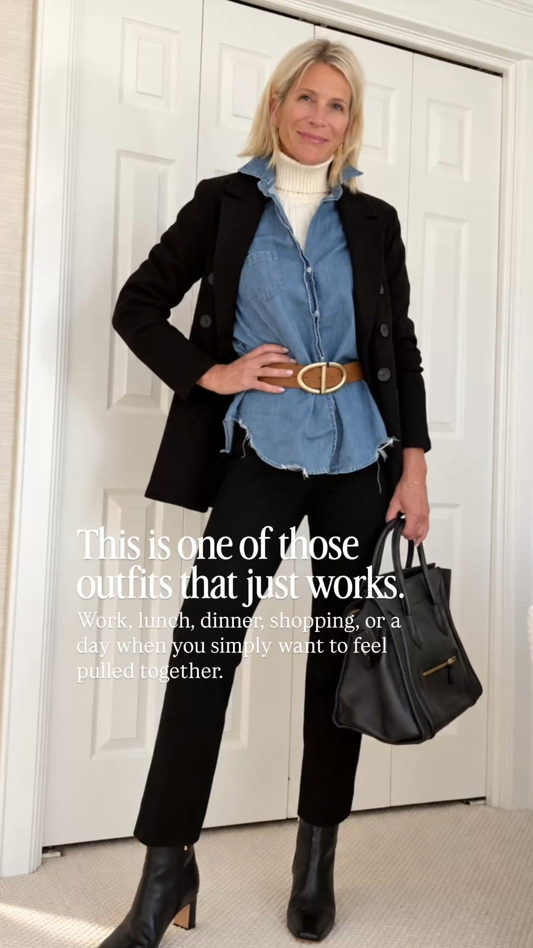 A cozy white turtleneck layered under a denim shirt and black blazer, finished with black pants, a cognac belt, and black boots. Polished enough for work or dinner, but still completely wearable.

👩‍💻 LTK PRO TIPS
❤️ Heart = Support my posts ;-)
🔖 Save = Get sale & restock alerts for the things you love!
📋 Lists = Keep favorites organized (List ideas: Christmas, Birthdays, and Vacations!)
📲 Share = Send lists and products to a friend (or your daughters like me).
💬 Comment = Ask me anything, and I’ll answer. ;-)