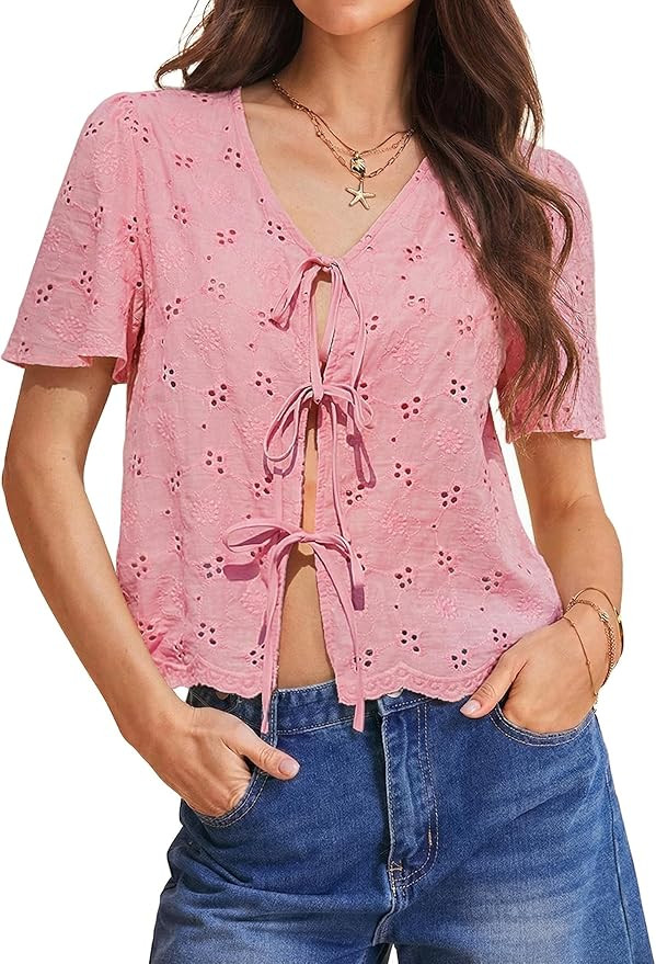 Totatuit Womens Cotton Tie Front Tops Boho V Neck Eyelet Shirt Embroidery Cute Summer Beach Vacat... | Amazon (US)