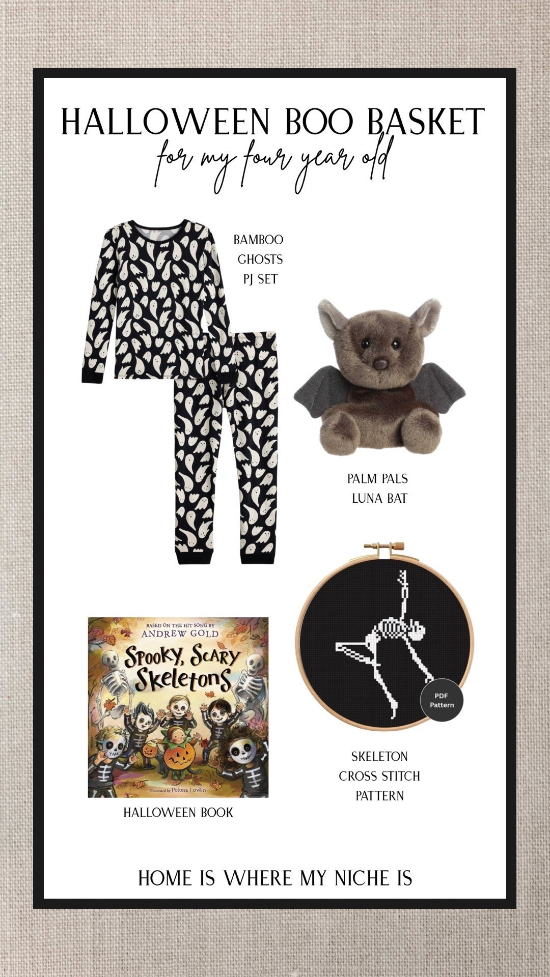 Halloween Boo Basket for my four year old 👻

A little peek at what I’m putting in Carter’s boo basket this year. Cozy bamboo ghost PJs, the cutest little bat, a Halloween book & a skeleton cross stitch I’m making for him. A mix of something to wear, read, cuddle & keep. 🖤

Everything linked, including the digital cross stitch pattern!

#LTKcanada #LTKfall #LTKkids