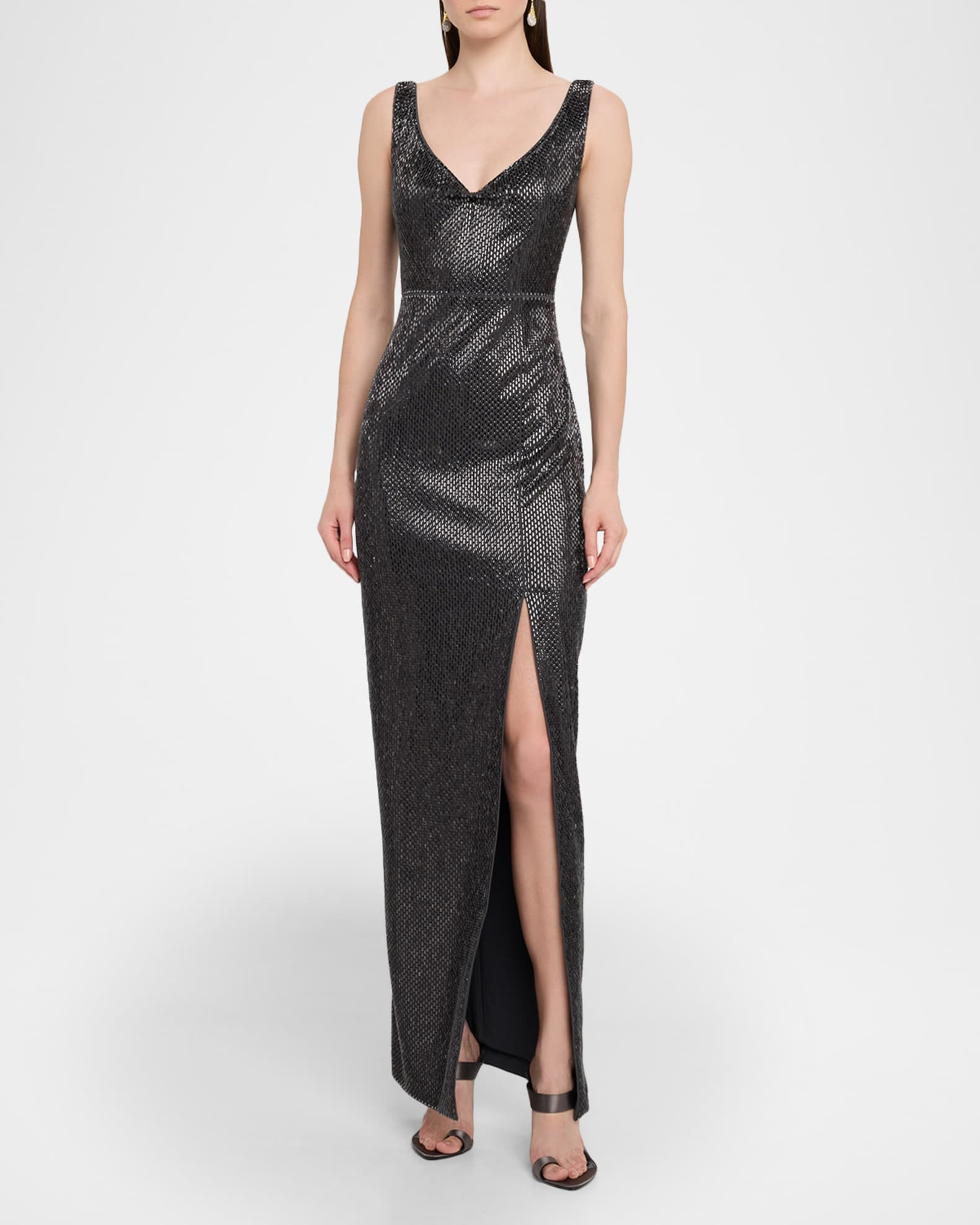 V-Neck Diamante Crepe Sleeveless Gown | Neiman Marcus