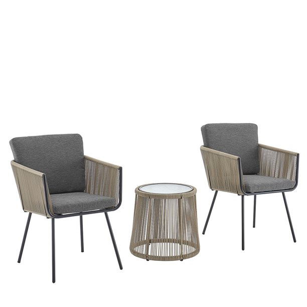 3 Pieces Outdoor Patio Wicker Chat Bistro Set with 2 Chairs and Glass Table, Grey - Walmart.com | Walmart (US)