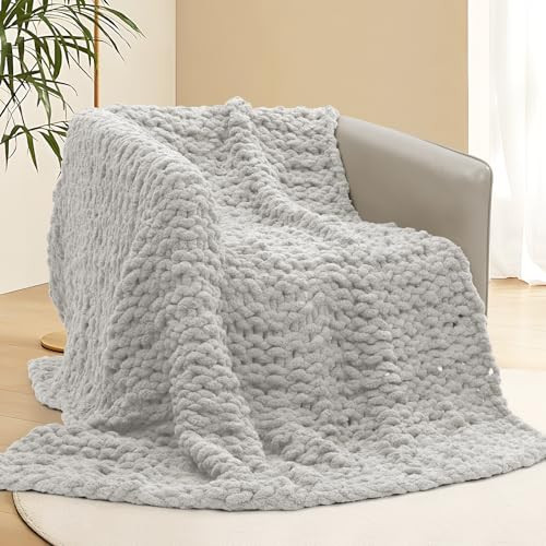 xffzroom Chunky Knit Blanket Throw, 60x80inch Soft Chenille Yarn Throw, Handmade Warm Thick Cable Knit Crochet Blanket, Large Rope Knot Throw Blanket for Couch Bed Sofa,Light Grey | Amazon (US)