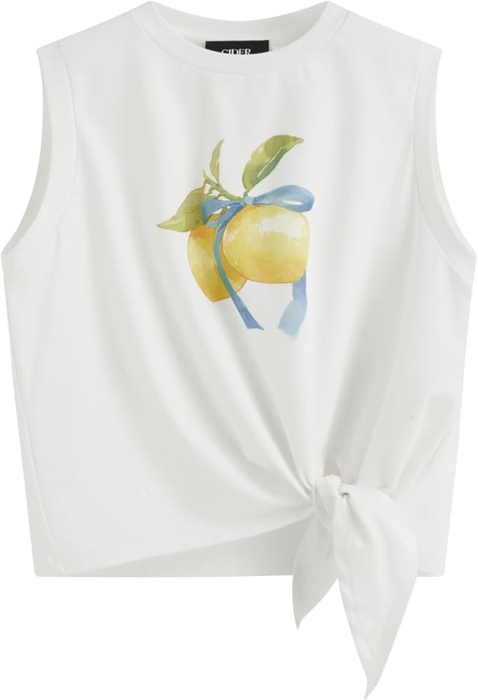 CIDER Women's Sleeveless Tank Tops Loose Fit Tie Front Fruit Print Cute Crew Neck Crop Tops Casua... | Amazon (US)