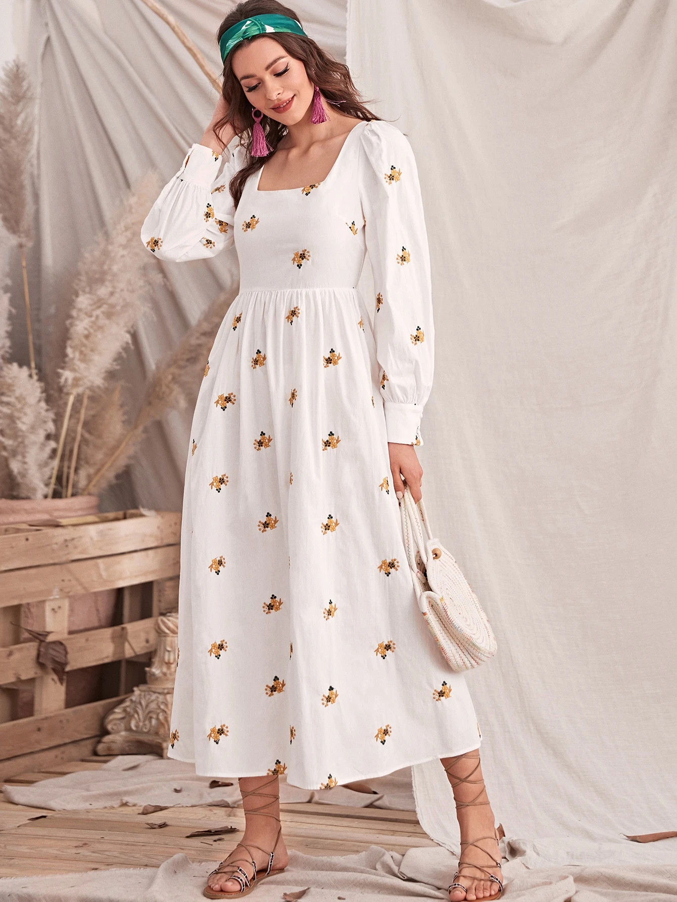 SHEIN Bishop Sleeve Floral Embroidered Dress | SHEIN