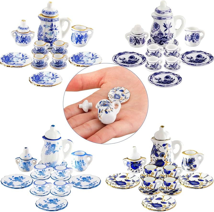 60 Pieces 1:12 Scale Miniatures Dollhouse Porcelain Tea Cup Set, Flower Pattern, Blue Porcelain, ... | Amazon (US)