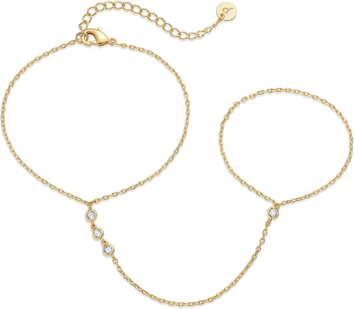 PAVOI 14K Yellow Gold Plated Hand Chains Bracelet for Women | Dainty Cubic Zirconia Bracelet and ... | Amazon (US)
