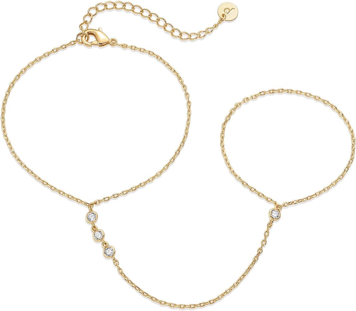 PAVOI 14K Yellow Gold Plated Hand Chains Bracelet for Women | Dainty Cubic Zirconia Bracelet and ... | Amazon (US)