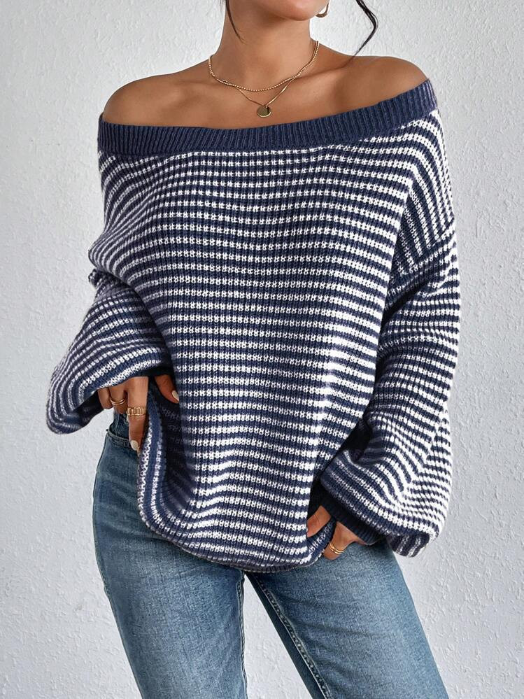 SHEIN LUNE Women Striped Drop Shoulder Dropped Shoulder Casual Loose Knit Sweater For Autumn/Winter,Off The Shoulder Sweater,Casual | SHEIN