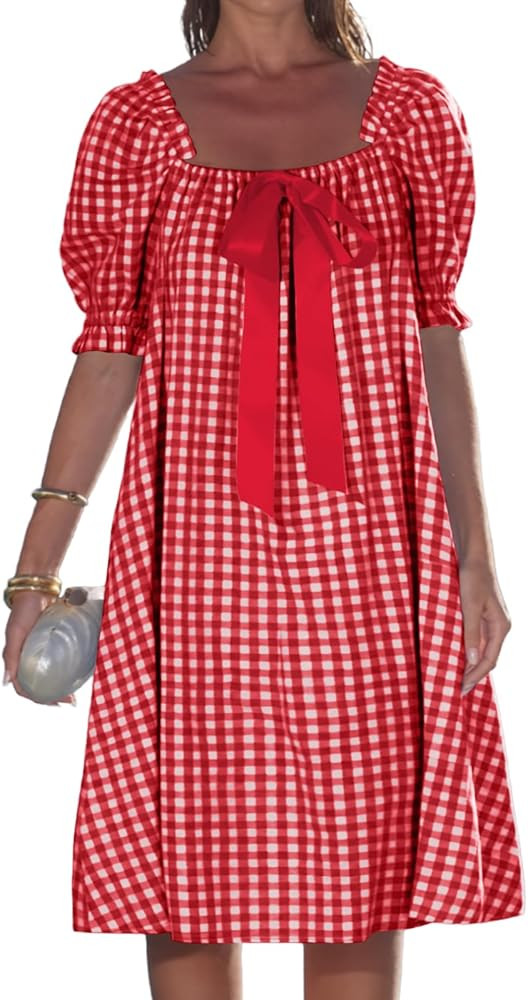 YUNDAI Women’s Gingham Babydoll Mini Dress Puff Sleeve Square Neck Cute Loose Fit | Amazon (US)