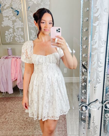 The prettiest white lace dress / mini dress. Perfect for a bride to be! Wearing size XS TTS. Tags: white dress, spring dress, bridal shower dress 

#LTKwedding #LTKfindsunder100 #LTKstyletip