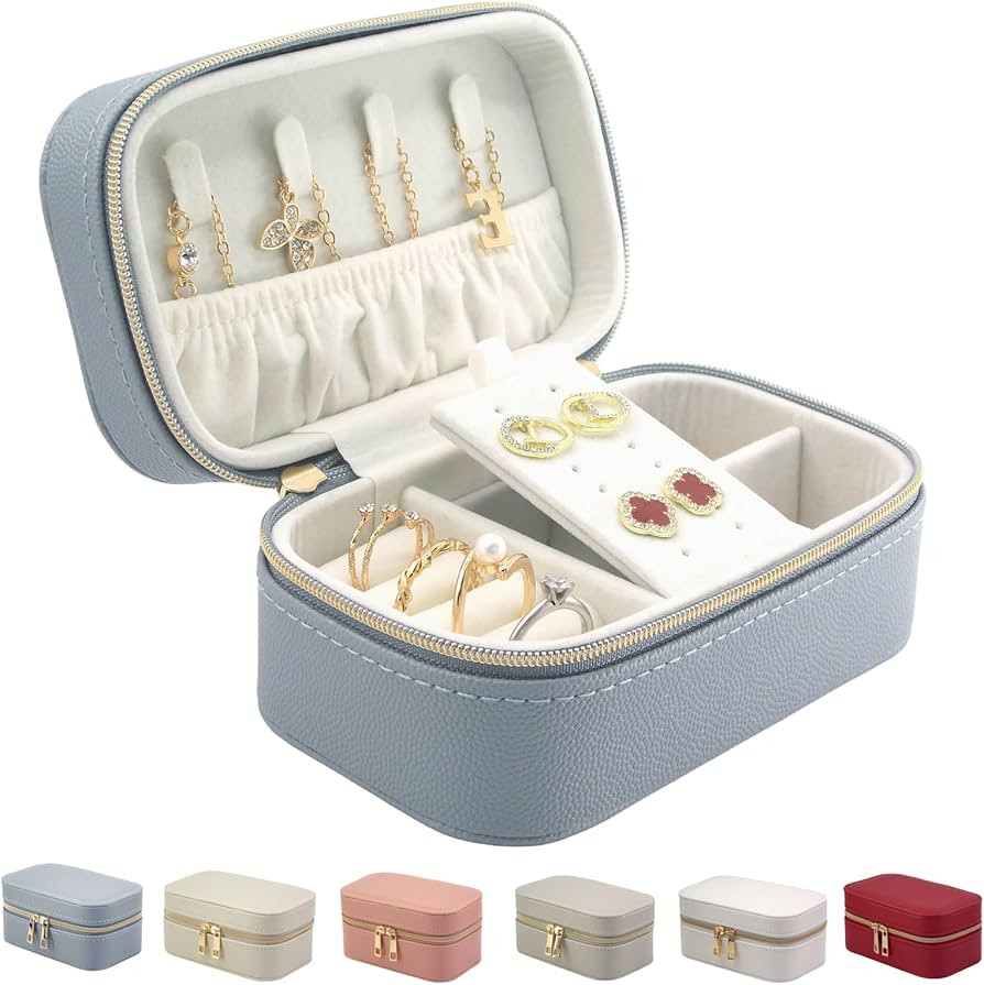 Small Jewelry Travel Case For Womens Small Rectangle PU Leather Jewelry Box With Zipper 2.56" H P... | Amazon (US)