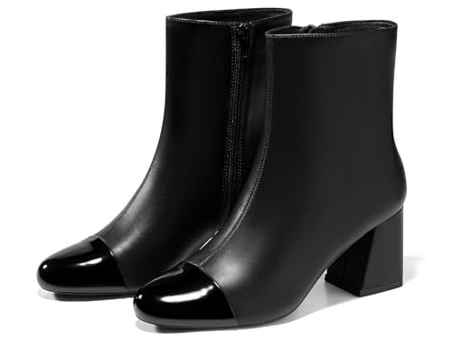 Coutgo Womens Ankle Boots Chunky Block Low Heel Two Tone Round Toe Side Zipper Dress Fall Booties Shoes, Black, Size 10 | Amazon (US)