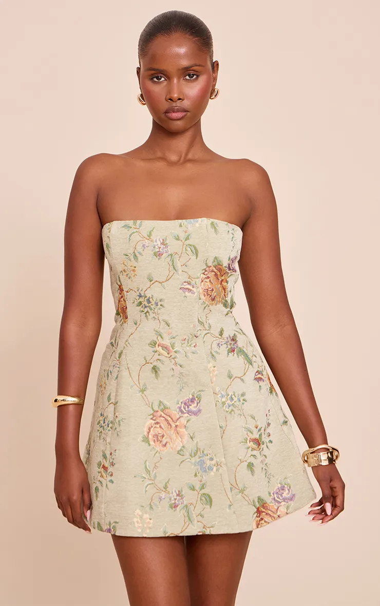 Sage Green Floral Bandeau A Line Shift Dress | PrettyLittleThing UK