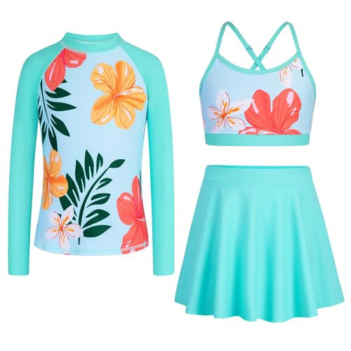 Seanrui Swimming Suit for Girls Long Sleeve Bathing Suit Size 7 Kids Swimsuit with Skirt Light Blue Floral | Amazon (US)