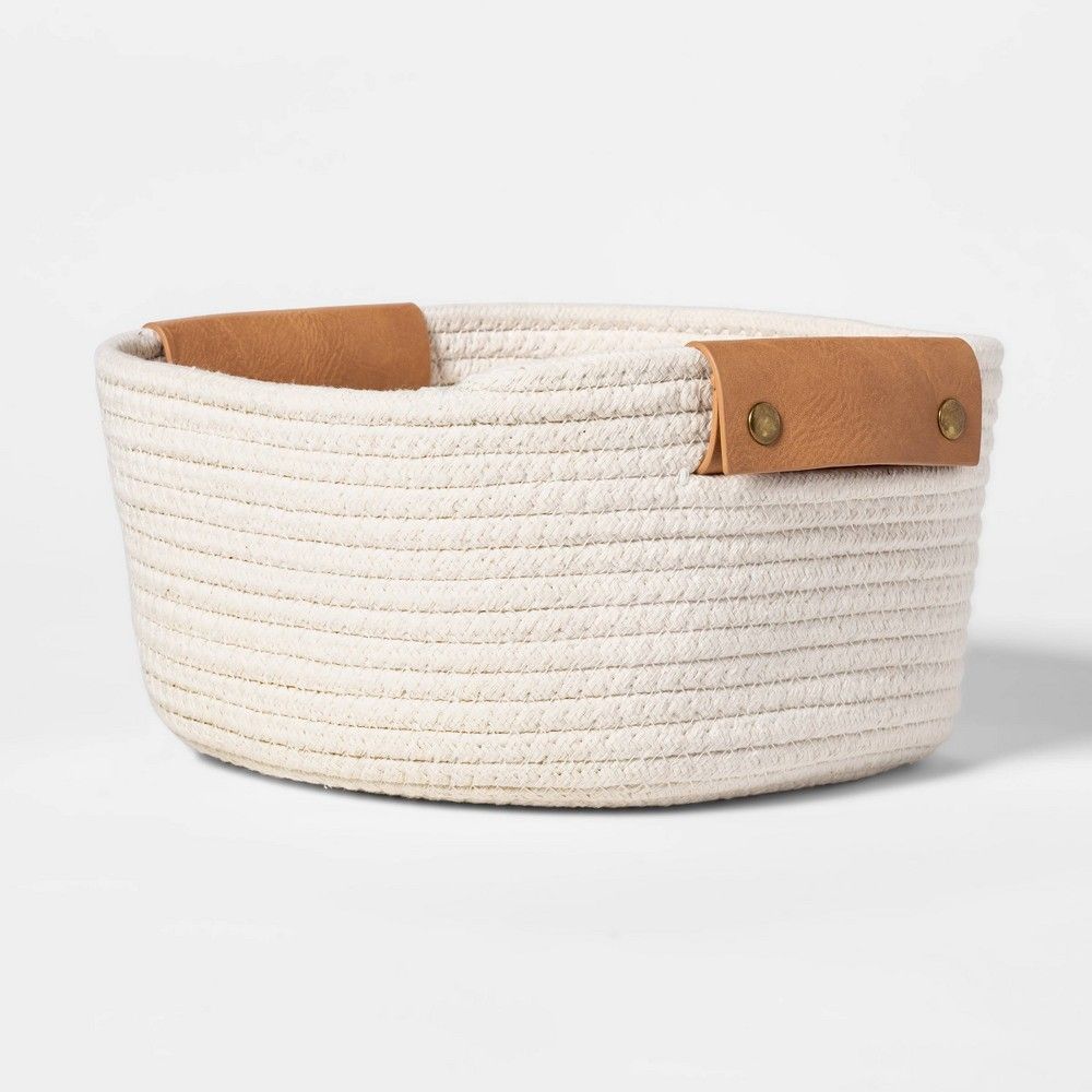 11"" Decorative Coiled Rope Square Base Tapered Basket with Leather Handles Small White - Threshold | Target