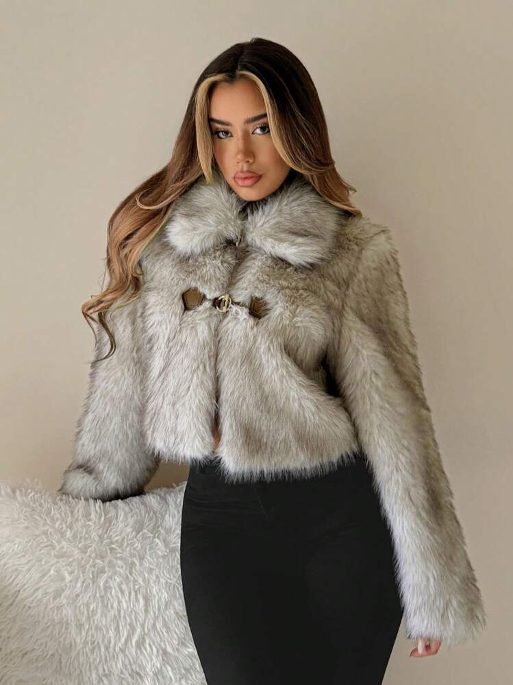 SHEIN ICON Brown Tie Dye Metal Decor Casual Fluffy Coat | SHEIN