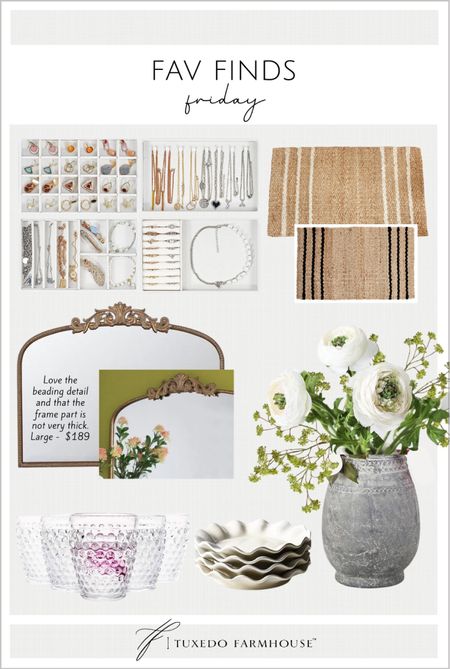My favorite home decor finds this week. 

Jewelry organizers, jute rugs, entry rug, wall mirror, vase, faux flowers, glassware, hobnail glasses, salad plates  

#LTKhome #LTKFind #LTKunder50