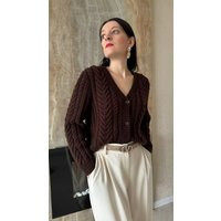 Cropped Wool Cardigan Cable Knit For Women Brown Sweater | Etsy (US)